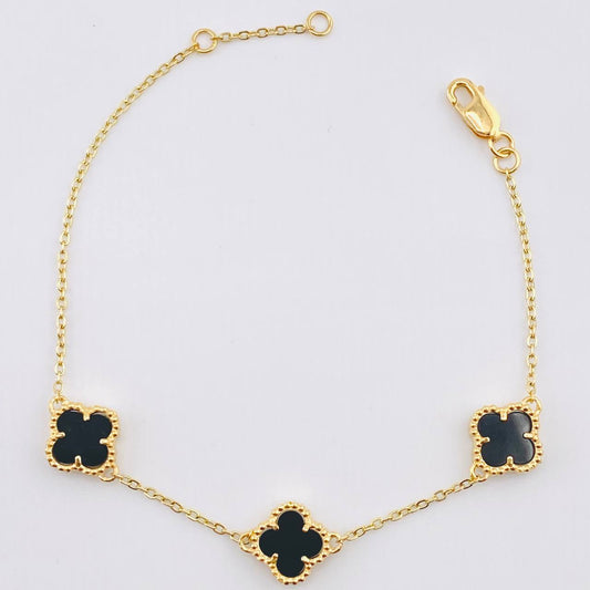 Pulso Aro Seguido Trebol Negro  4.85gr / 7 1/2 in / 9.2mm Oro Amarillo 18K