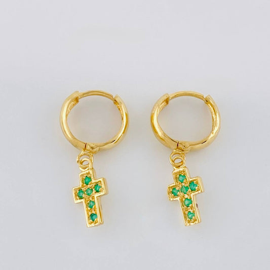 Candongas Cruz Tupida Esmeraldas 10pts 1.8g / 1/2 in Oro Amarillo 18K