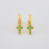 Candongas Cruz Tupida Esmeraldas 10pts 1.8g / 1/2 in Oro Amarillo 18K