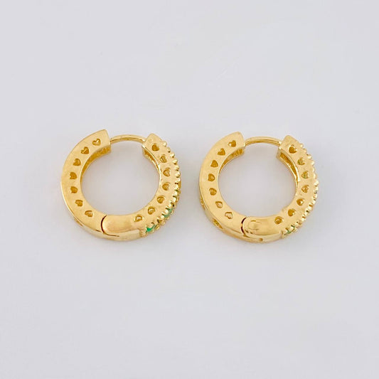 Candongas Carril Corazones Esmeraldas 25pts 3.7g / 1/2 in Oro Amarillo 18K