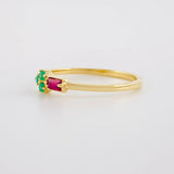 Anillo Flor Rectangular Esmeraldas 4pts Rubí 10pts 1.45g / T7 1/4 Oro Amarillo 18K