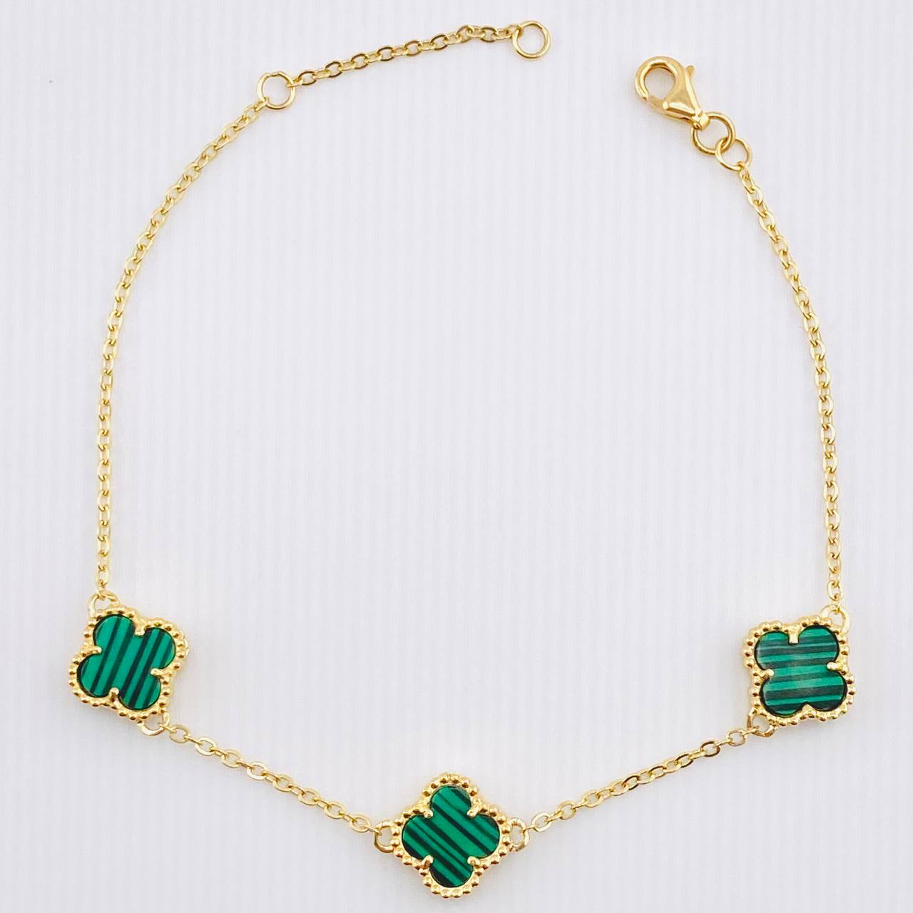 Pulso Aro seguido Trebol Malaquita Verde 4gr / 7 1/4 in / 10mm Oro Amarillo Nac.Esp. 18K