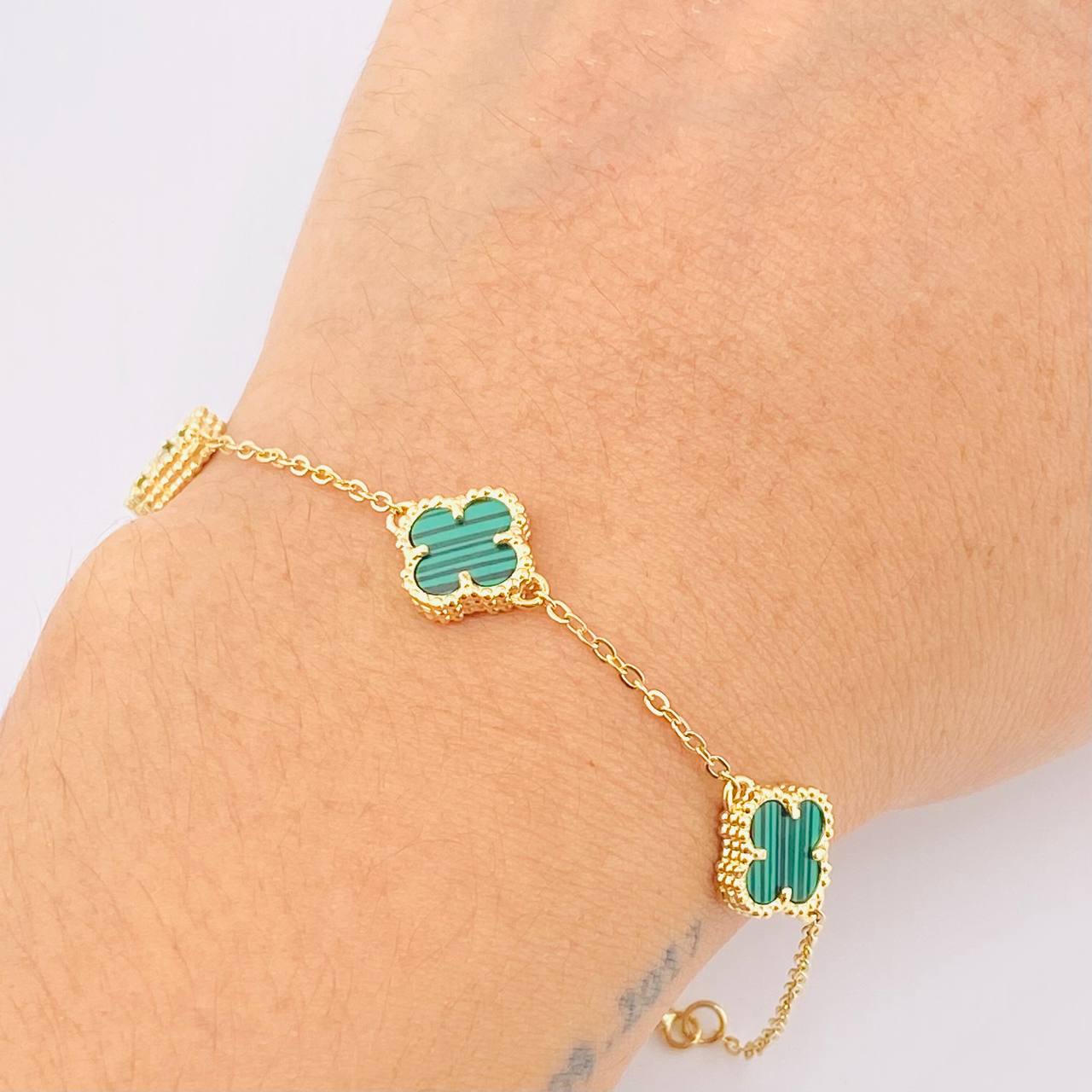 Pulso Aro Seguido Trebol Verde  4.25gr / 7 3/4 in / 9.1mm Oro Amarillo 18K