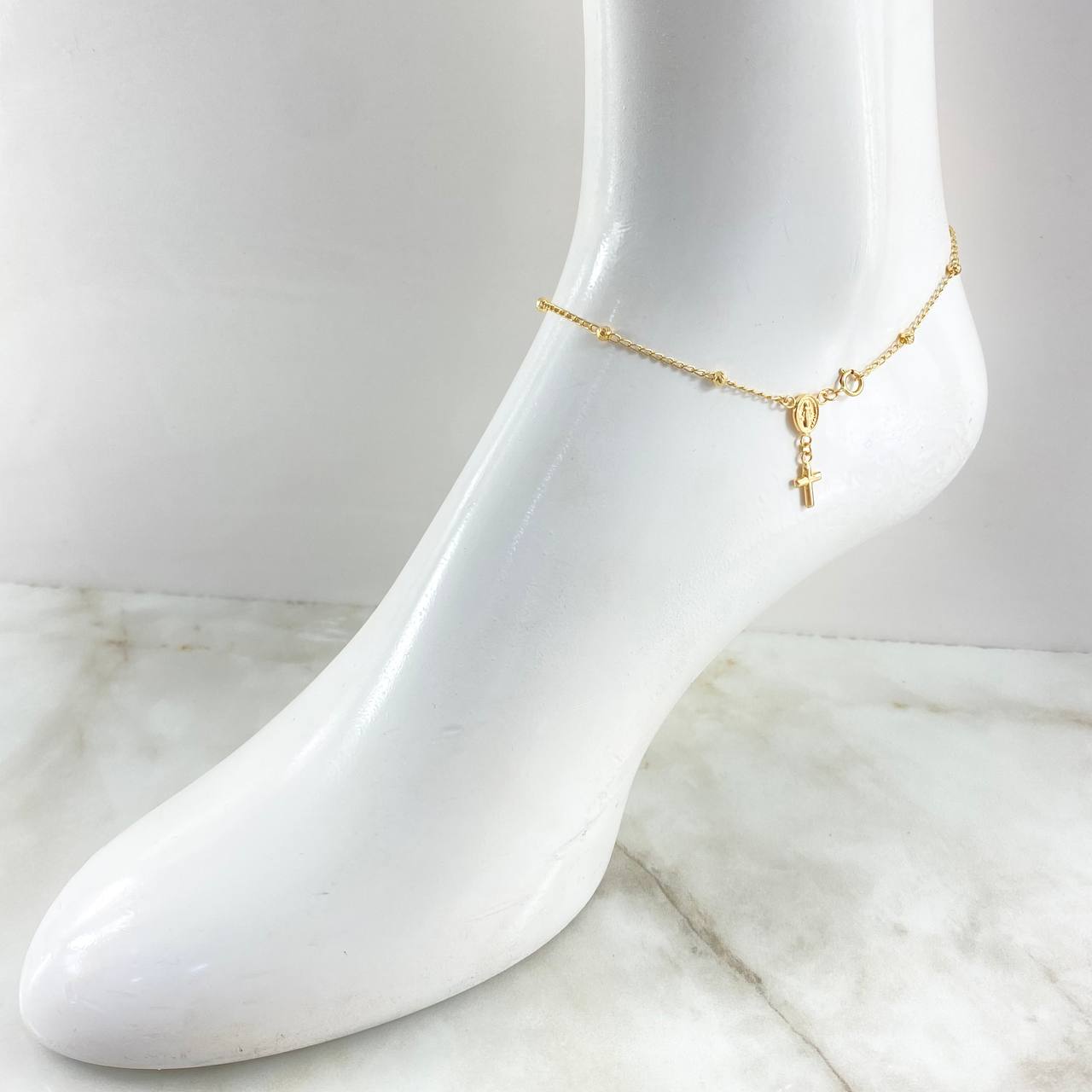 Denario Virgin Miraculous Cross Anklet 2.7gr / 24cm / 18K Yellow Gold
