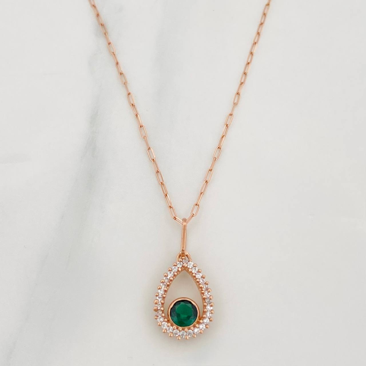 Set Paperclip Chain + Halo Drop Pendant / 1.95g / 18 in Rose Gold 18K