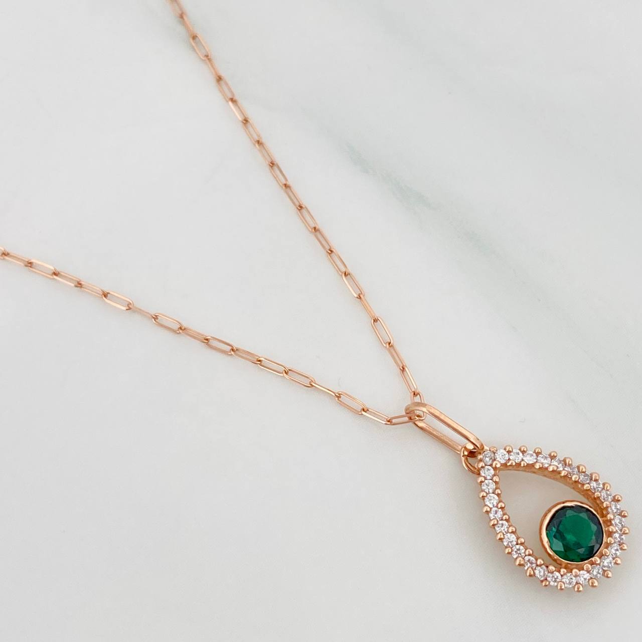 Set Paperclip Chain + Halo Drop Pendant / 1.95g / 18 in Rose Gold 18K