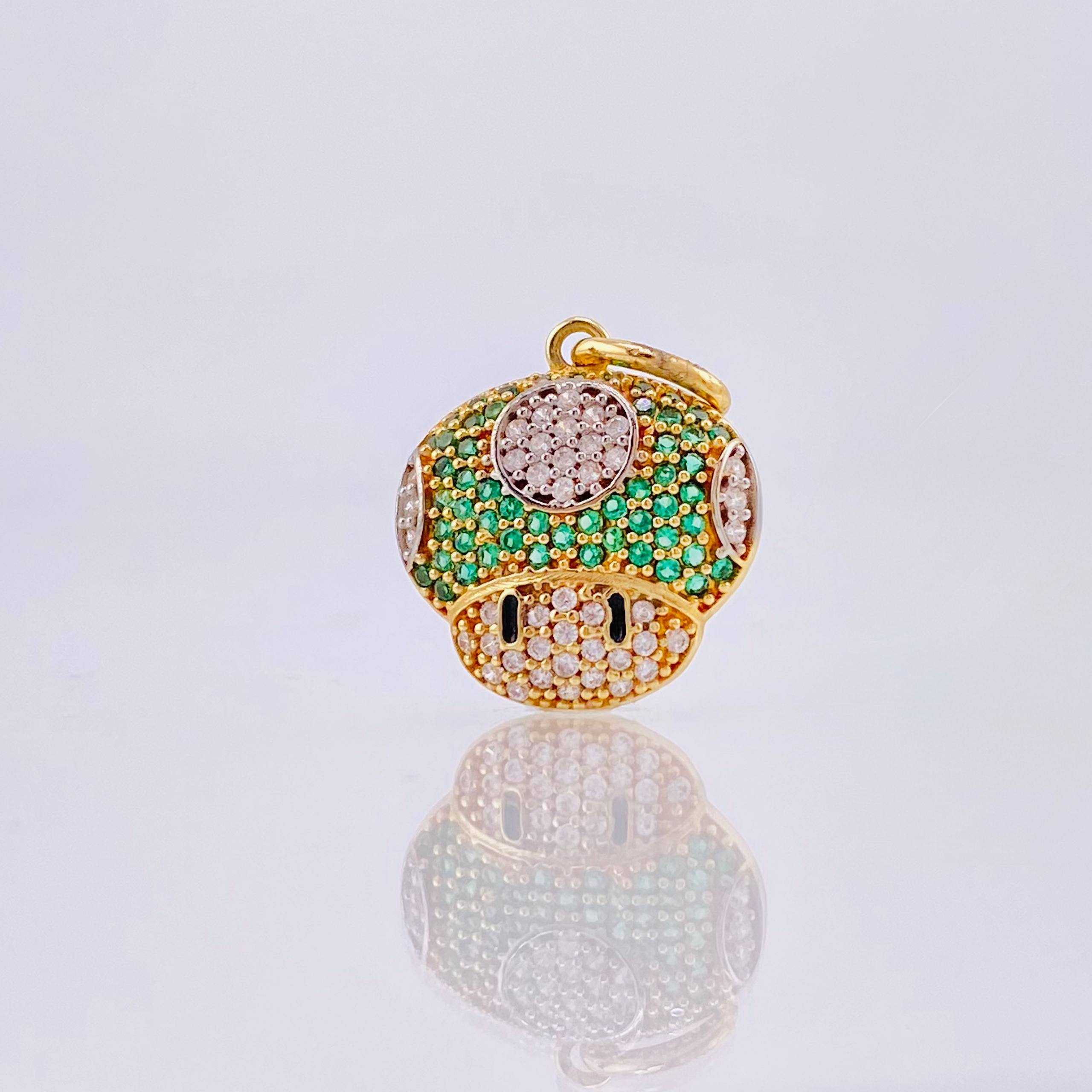 Dije Hongo Animado 2.3gr / 2cm / Circones Blancos Verdes Oro Amarillo 18K *