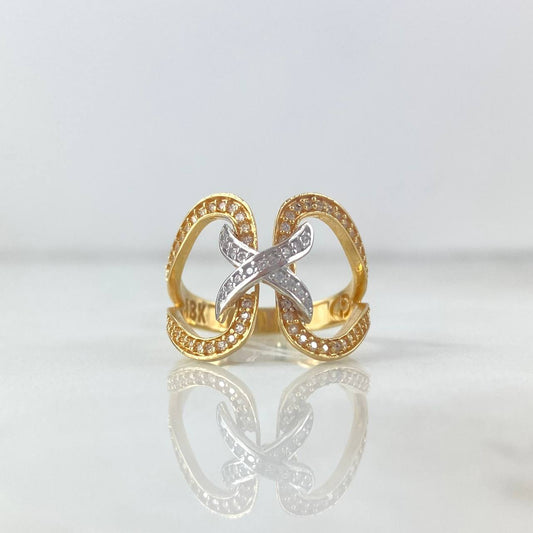 Inverse Crossed Infinity Ring 4.05gr / Size 7 / White Zircons Two-tone Yellow and White Gold
