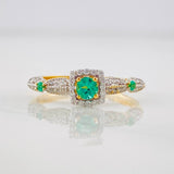 Square Halo Ring Emeralds 0.18pts Diamonds 20pts 1.65g / T6 1/2 Two-Tone Yellow White Gold 18K