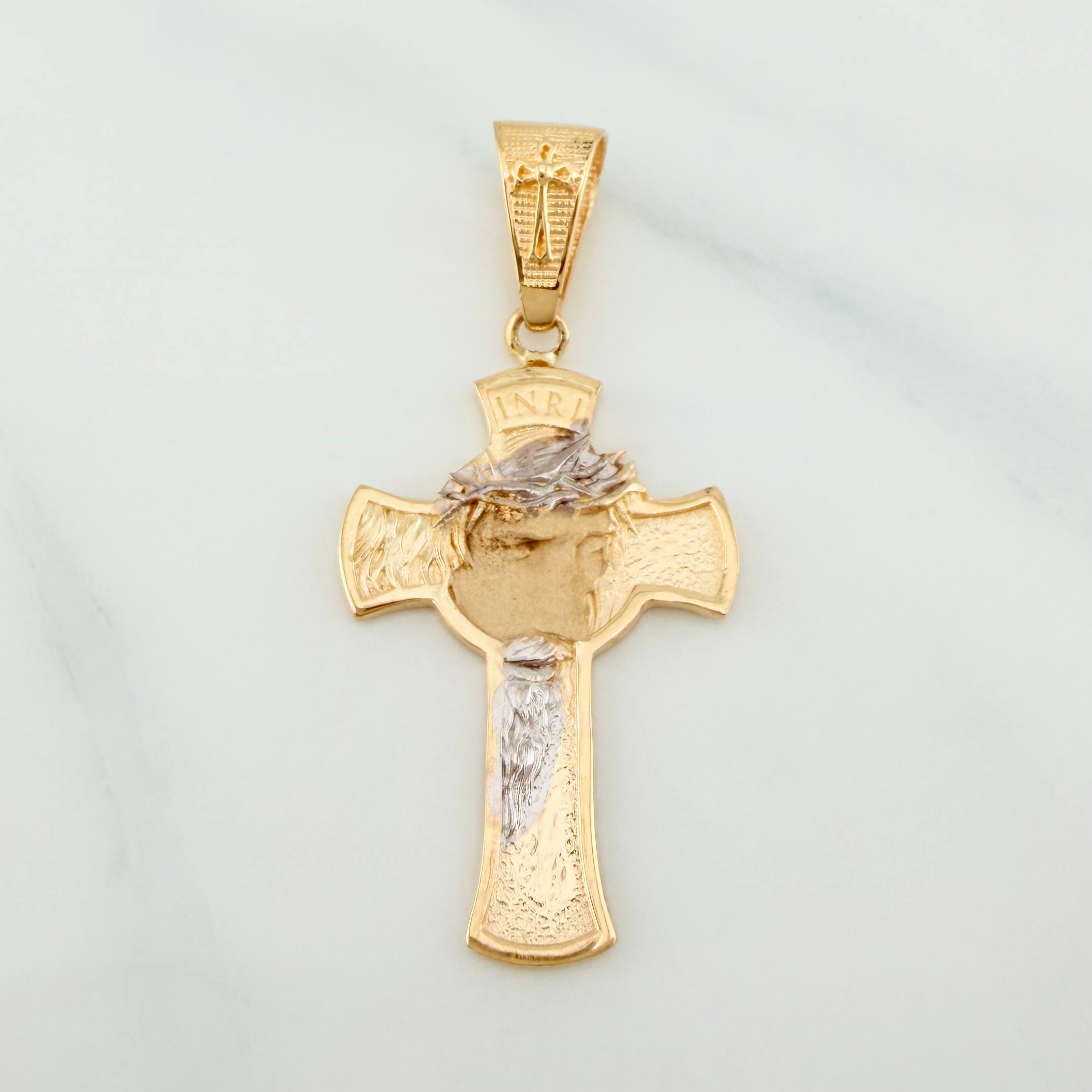 Dije Cruz Rostro Cristo 5.65 g / 1 3/4 in Dos Oros Amarillo Blanco 18K