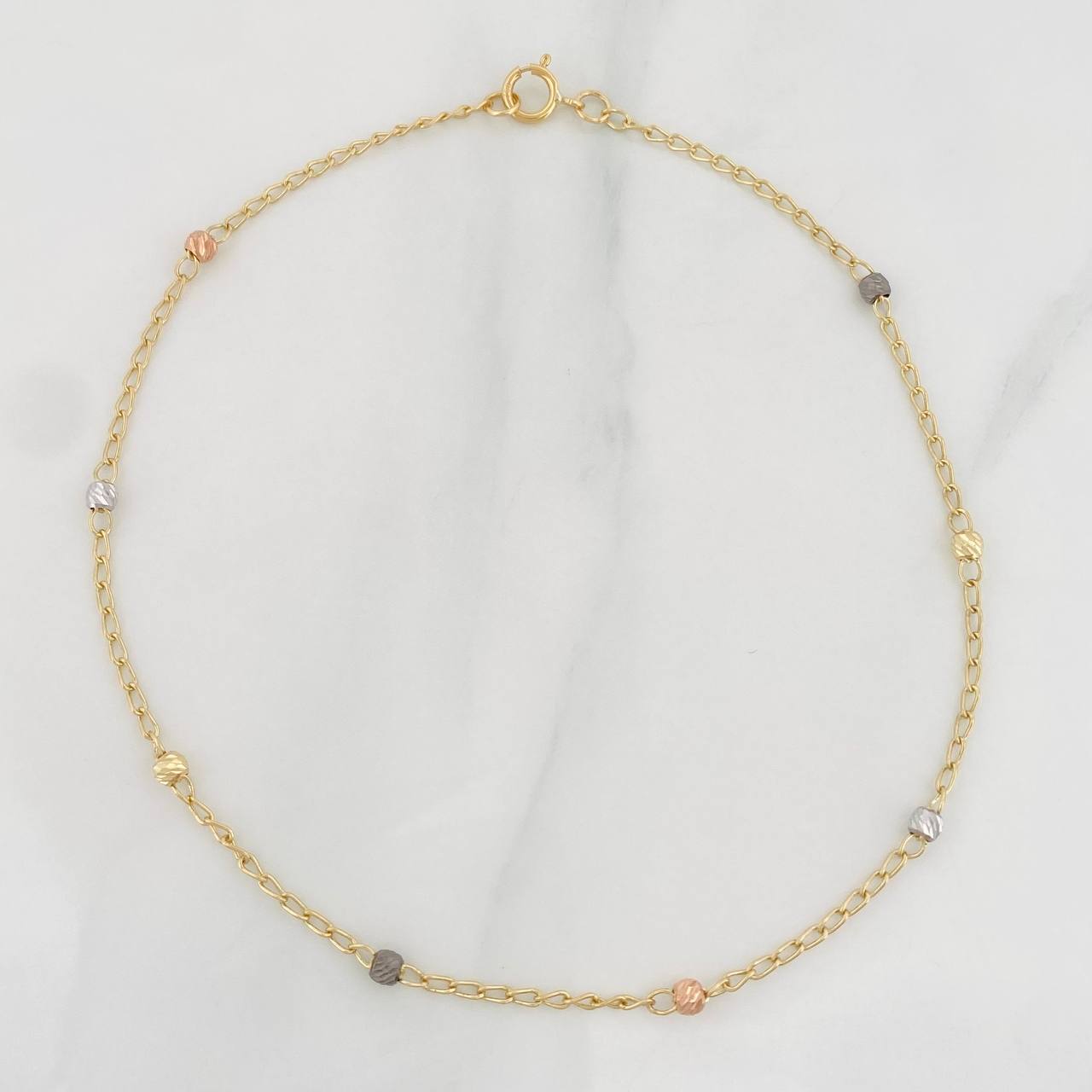 Tobillera Aro Seguido Bolas Diamantadas 1.75g / 9 3/4 in / 1.18mm Tres Oros 18K