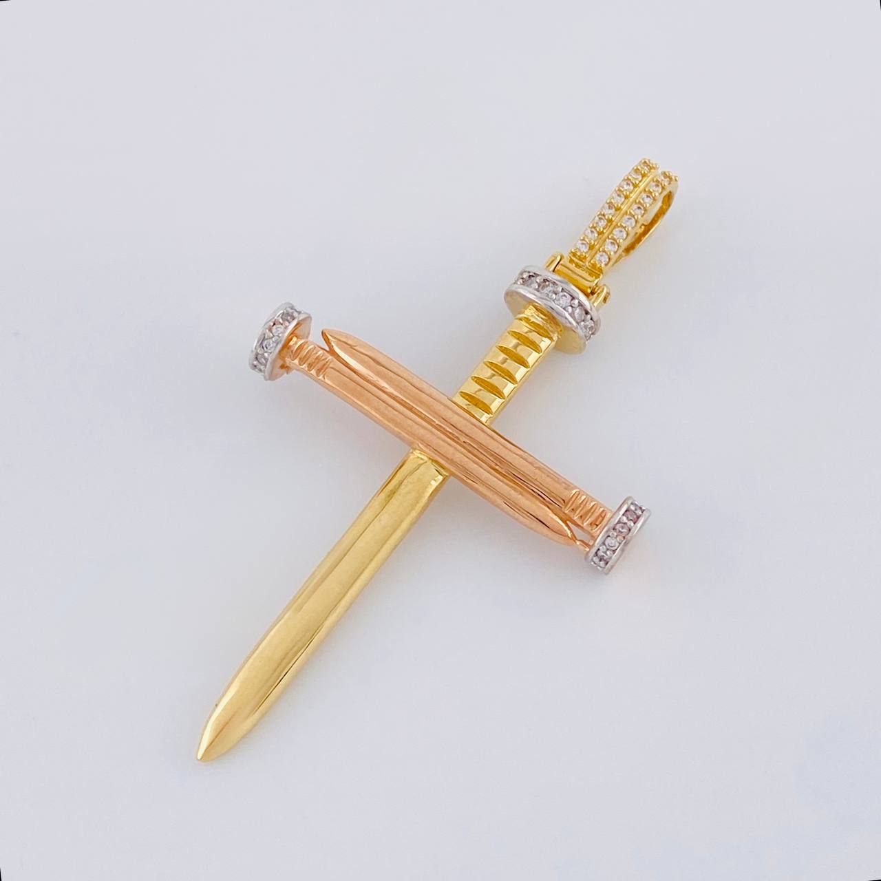 Pendant Cross Nail 6.4g / 2 1/4 in Two Golds Yellow Rose 18K