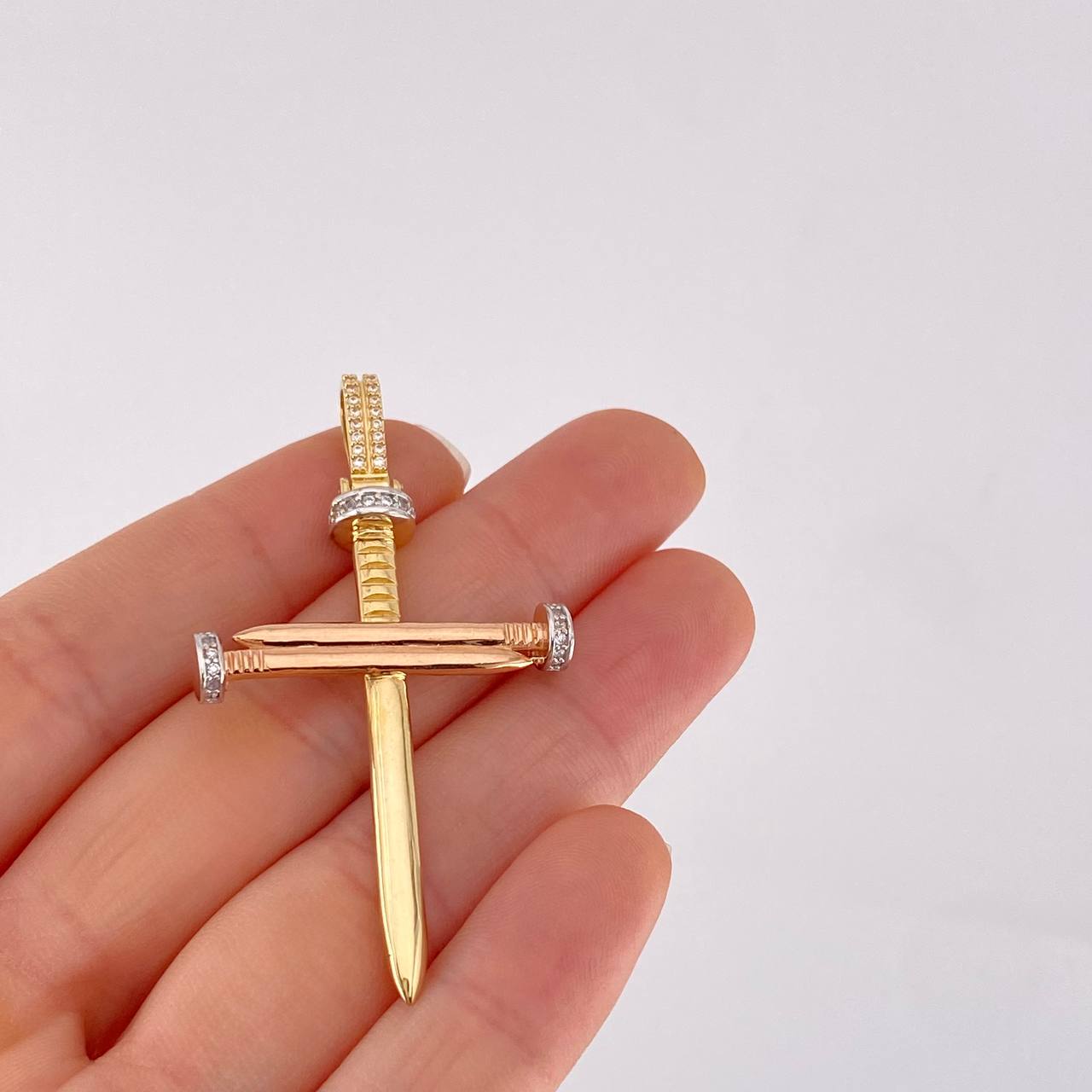 Pendant Cross Nail 6.4g / 2 1/4 in Two Golds Yellow Rose 18K