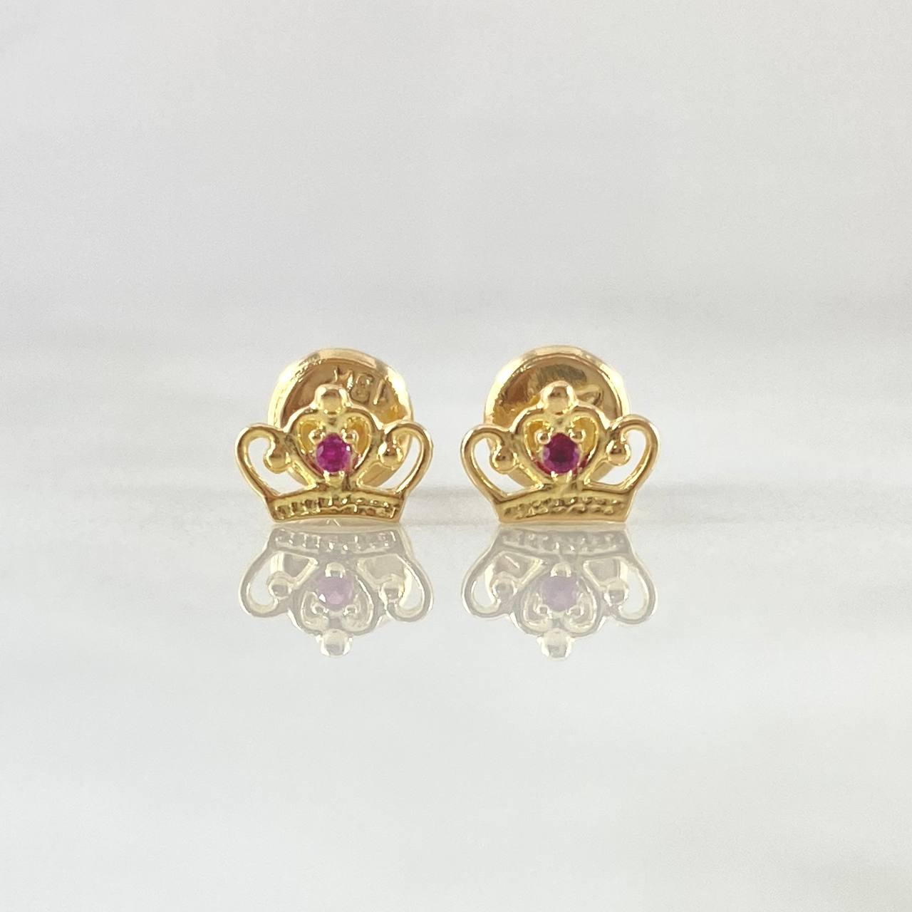 Stud Earrings Real Crown 0.7gr / 1cm / Fuchsia Zircons Yellow Gold 18K *