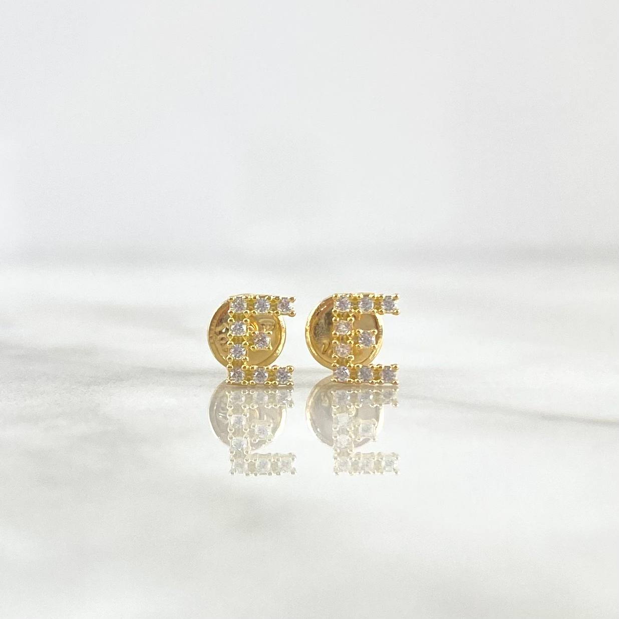 Stud Earrings Letter E 0.7gr / 6mm White Zirconia Yellow Gold