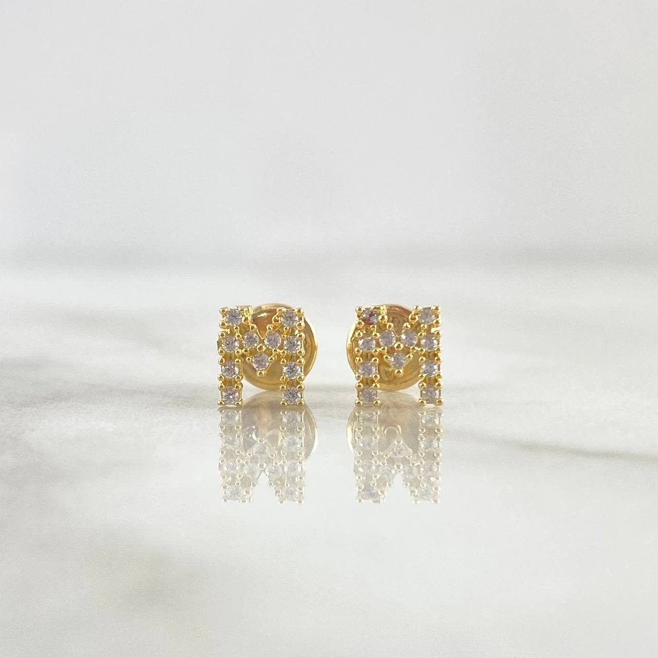 Stud Earrings Letter M 0.85gr / 6mm White Zircons 18K Yellow Gold ©