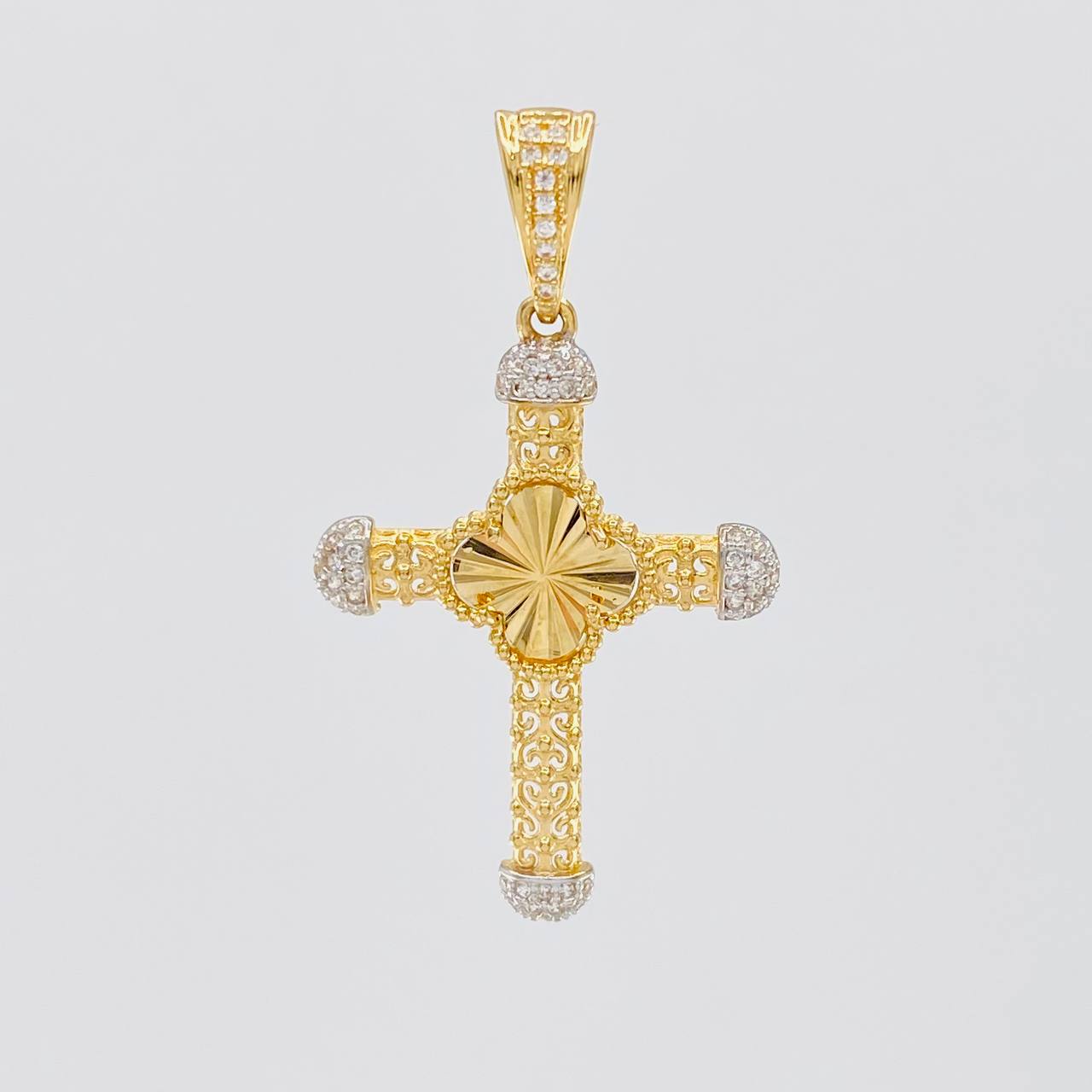 Dije Cruz Espiral Trebol 3.8g / 1 3/4 in Dos Oros Amarillo Blanco 18K