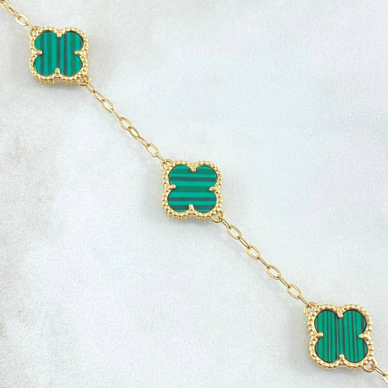Pulso Aro Seguido Trébol 5.25gr / 15cm-18cm / 1.5mm Gradual Malaquita Verde Oro Amarillo 18K *