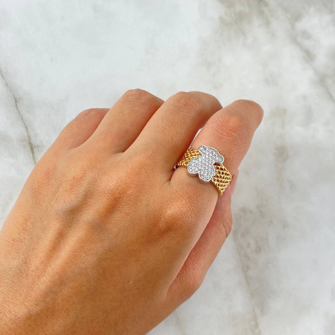 Bear Mesh Ring 7.7gr / Size 6 3/4 / White Zircons Two-tone White and Rose Gold