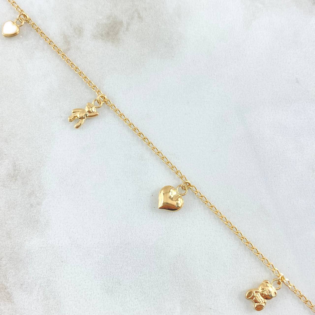 Tobillera Espiga 3.1gr / 25cm / 1.4mm Oso-Corazón Rosado-Oso-Corazon Blanco Oro Amarillo 18K