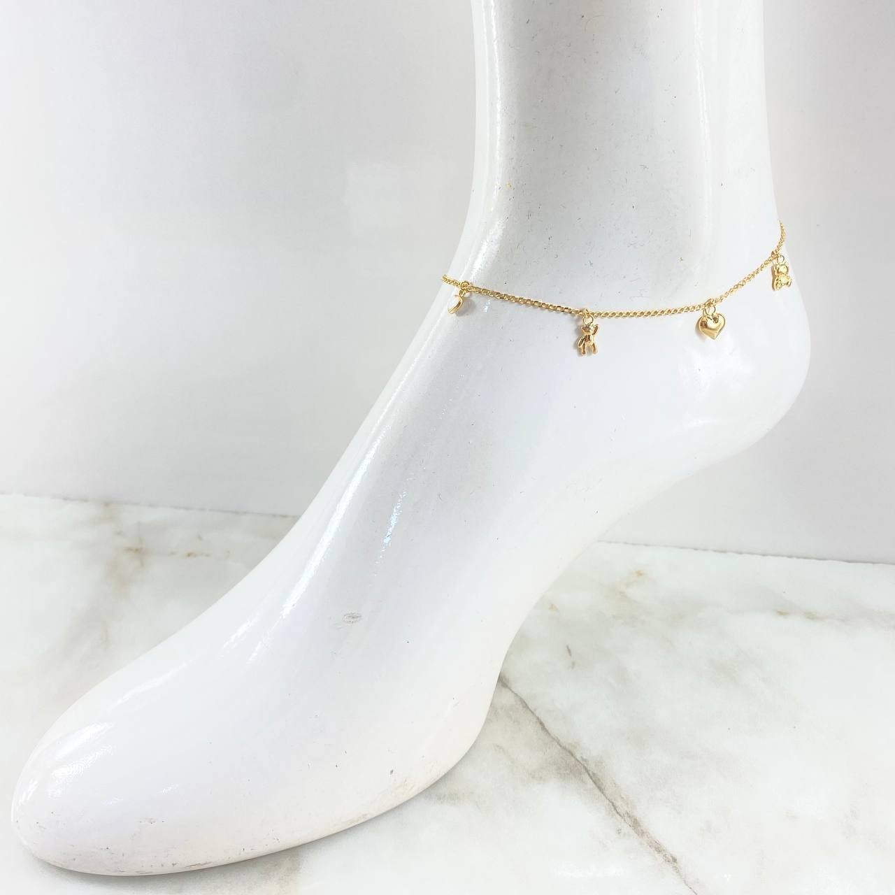 Tobillera Espiga 3.1gr / 25cm / 1.4mm Oso-Corazón Rosado-Oso-Corazon Blanco Oro Amarillo 18K