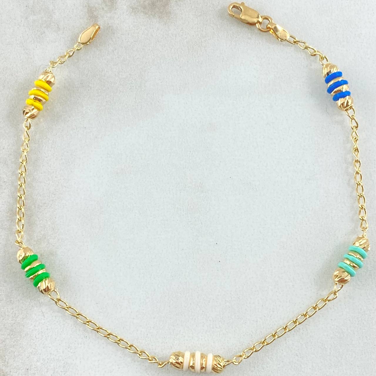 Pulso Espiga Bolas Emuladoras 2.45gr / 18cm / 3mm Diamantadas Cauchos Colores Oro Amarillo 18K