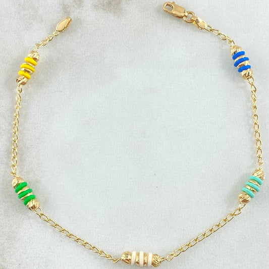 Pulso Espiga Bolas Emuladoras 2.45gr / 18cm / 3mm Diamantadas Cauchos Colores Oro Amarillo 18K