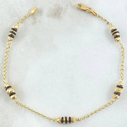 Pulso Espiga Bolas Emuladoras 2.55gr / 18.5cm / 3mm-4mm Diamantadas Cauchos Negros Oro Amarillo 18K
