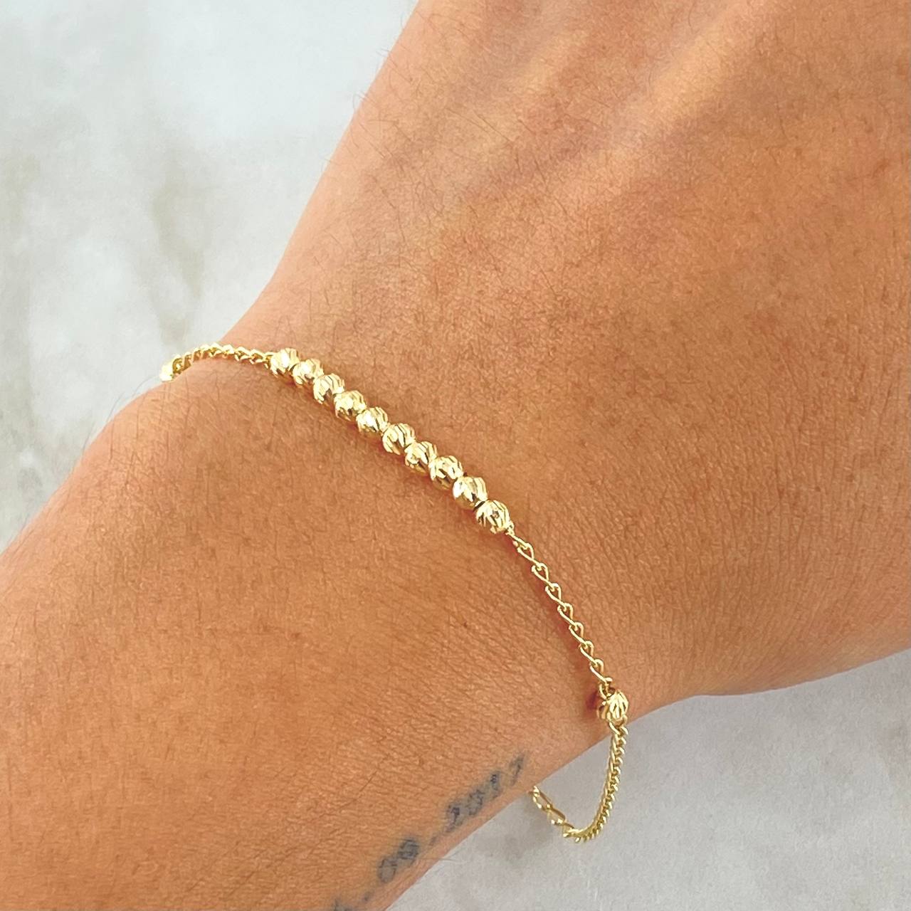 Bracelet Military Wheat 1.95gr / 7.1in / 3mm Beads Diamond Cut 18K Gold