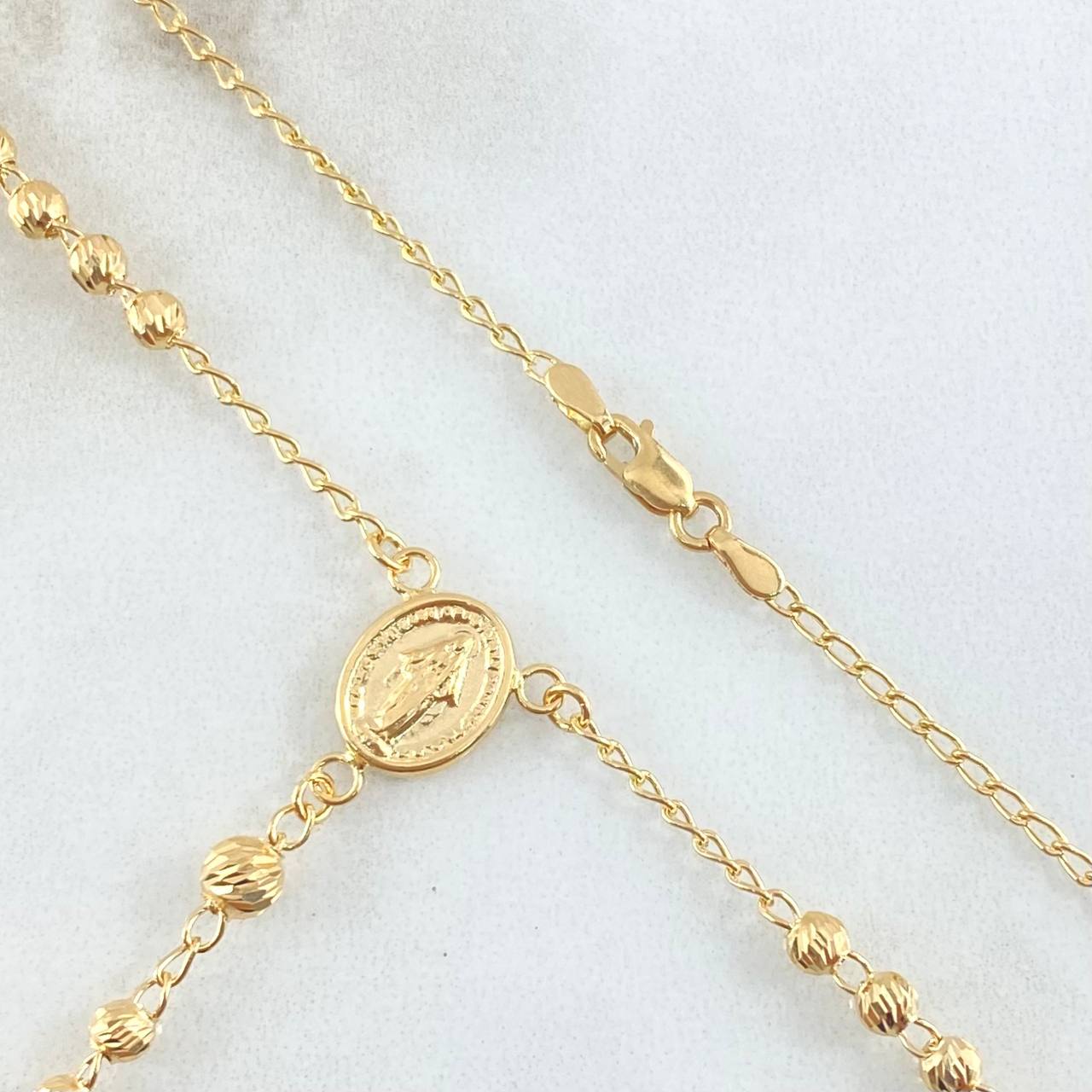 Rosario Virgen Milagrosa Crúz Silueta Corazón 8.2gr / 50cm / 3MM-4mm Bolas Diamantadas Oro Amarillo 18K ©
