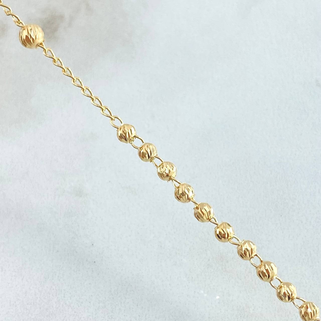 Rosario Virgen Milagrosa Crúz Silueta Corazón 8.2gr / 50cm / 3MM-4mm Bolas Diamantadas Oro Amarillo 18K ©