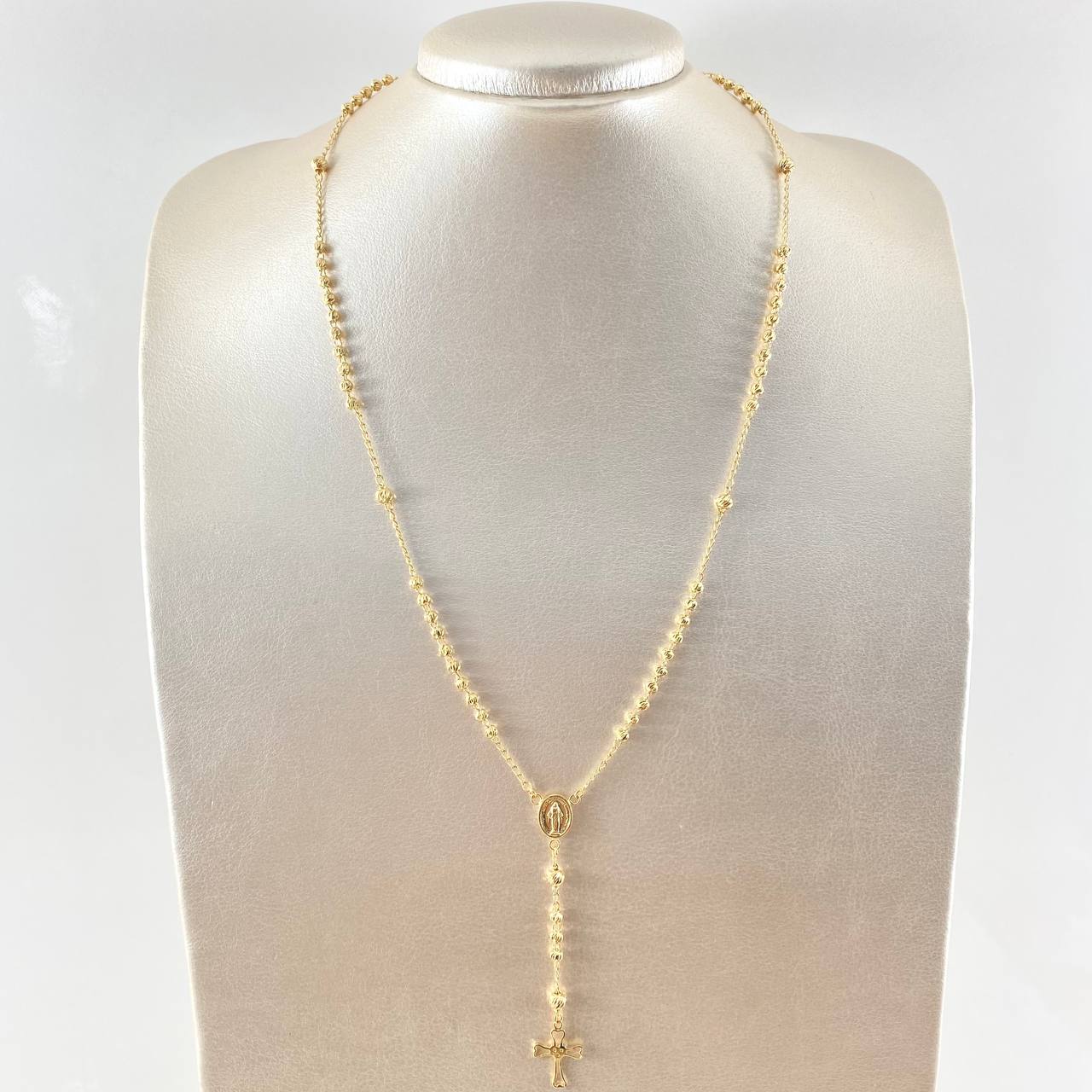 Rosario Virgen Milagrosa Crúz Silueta Corazón 8.2gr / 50cm / 3MM-4mm Bolas Diamantadas Oro Amarillo 18K ©
