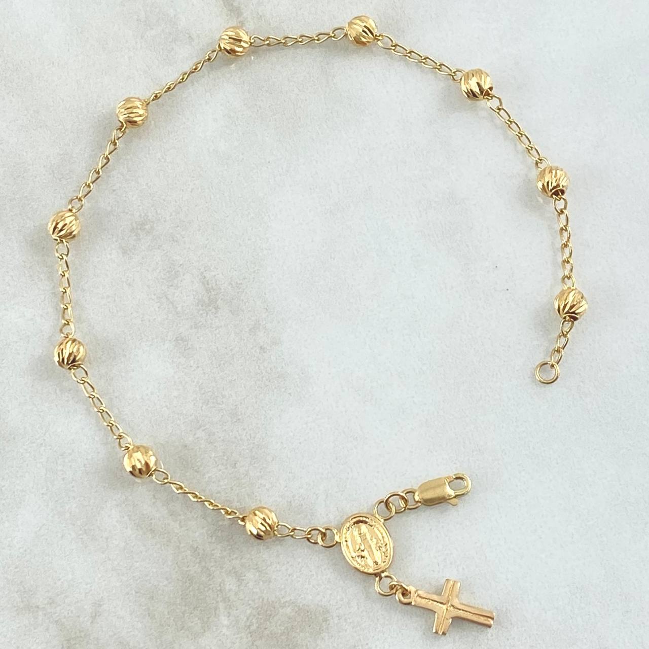 Bracelet Miraculous Virgin Denarius Cross Polished 3.15gr / 19cm / 4mm Beads Diamond Cut 18K Yellow Gold
