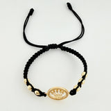 Pulsera Tejida Negra Circulo Corona Bolas Diamantadas Oro Amarillo 18K