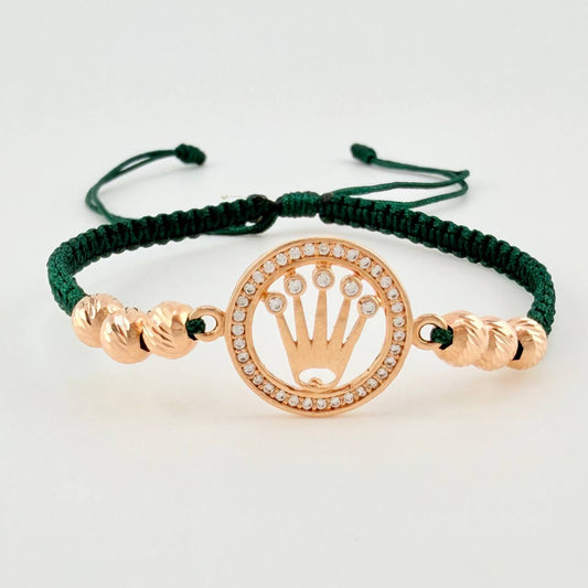 Pulsera Tejida Verde Circulo Corona Bolas Diamantadas Oro Rosa 18K