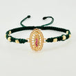 Pulsera Tejida Verde Virgen de Guadalupe Bolas Diamantadas Oro Amarillo 18K