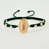 Pulsera Tejida Verde Virgen de Guadalupe Bolas Diamantadas Oro Amarillo 18K