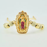 Pulsera Tejida Beige Virgen de Guadalupe Bolas Diamantadas Oro Amarillo 18K