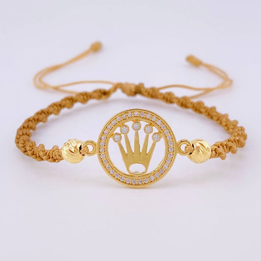 Woven Brown Bracelet Circle Crown Beads Diamond Cut Yellow Gold 18K