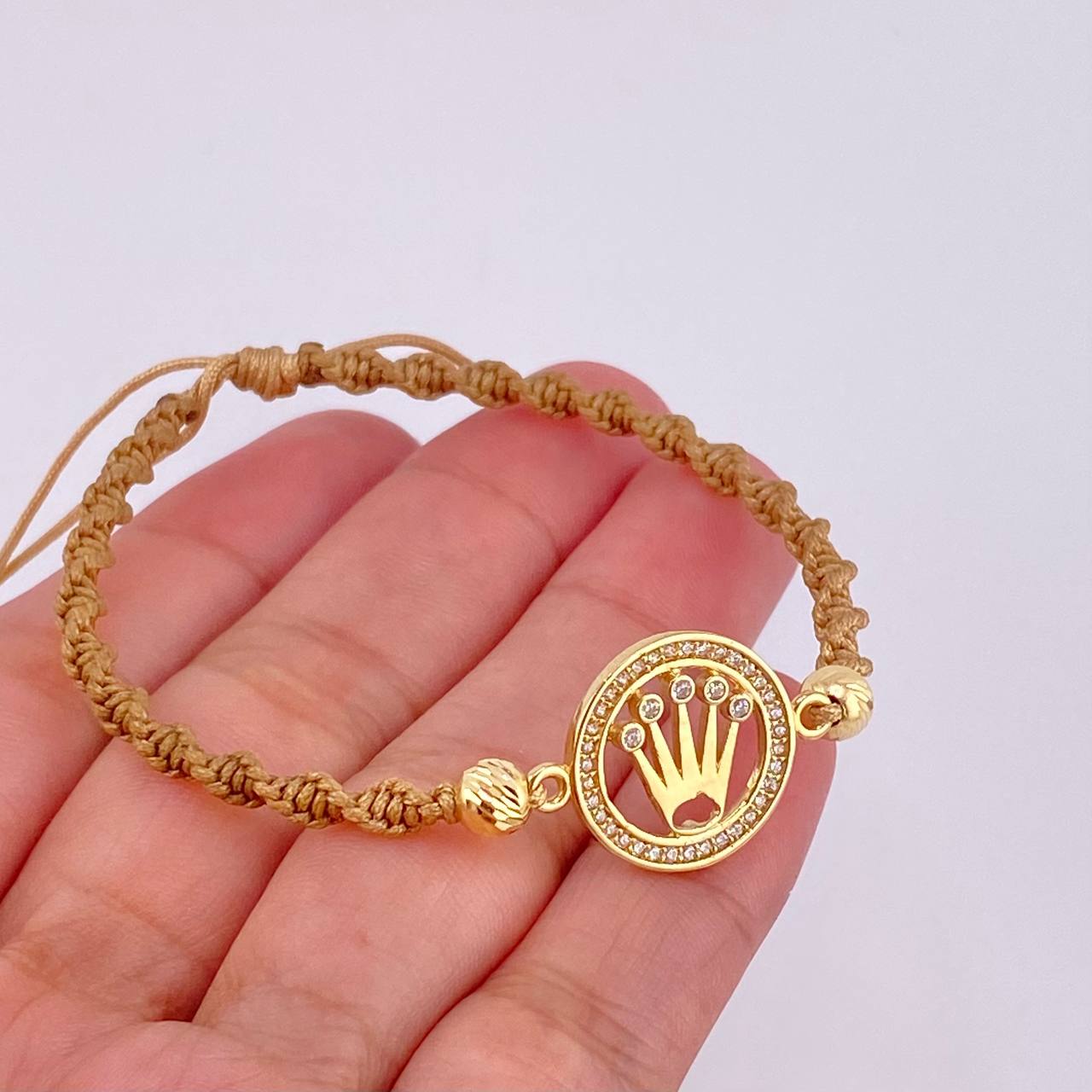 Pulsera Tejida Cafe Circulo Corona Bolas Diamantadas Oro Amarillo 18K
