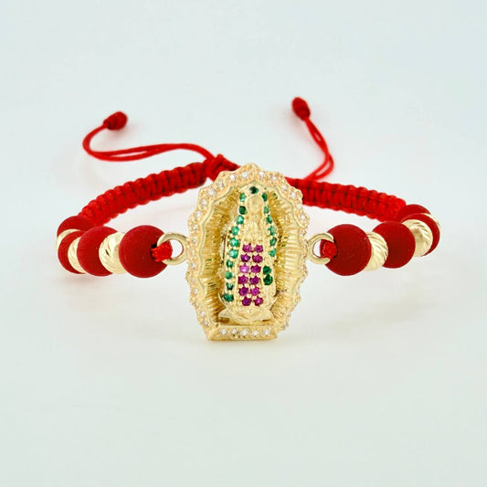 Red Woven Bracelet Virgin of Guadalupe Yellow Gold 18K Diamond Cut Beads