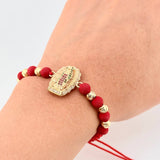 Pulsera Tejida Roja Virgen de Guadalupe Bolas Diamantadas Oro Amarillo 18K