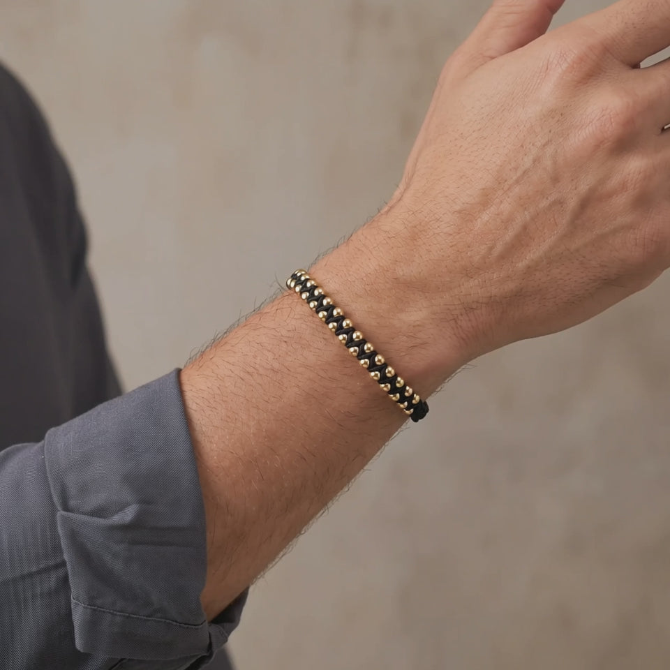 Pulsera Negra 3mm 31 Und Bolas Lisas Oro Amarillo 18K (A.C)