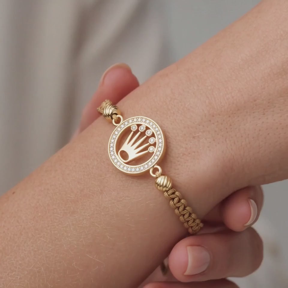 Woven Brown Bracelet Circle Crown Beads Diamond Cut Yellow Gold 18K